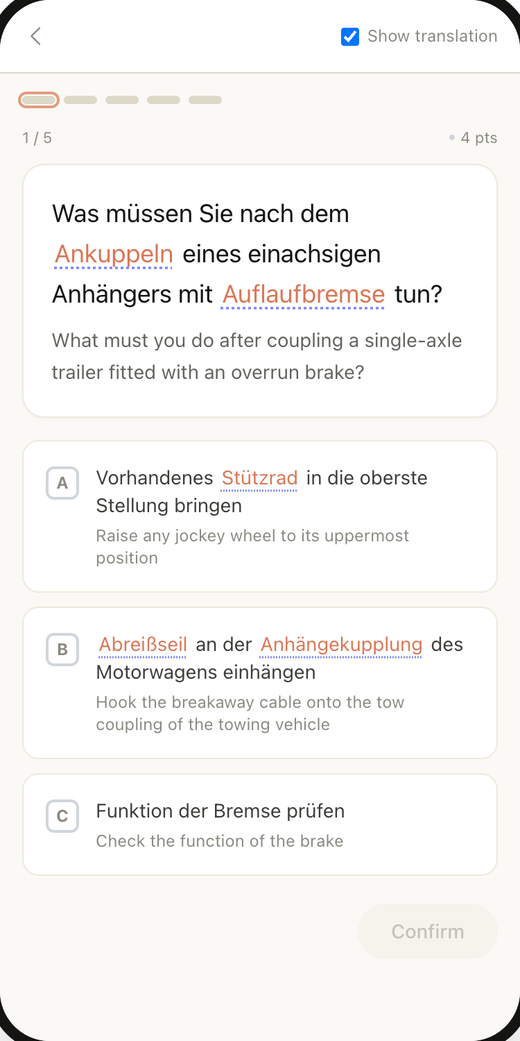 FahrKlar question screen with an official German question and an English translation under the question and each answer option
